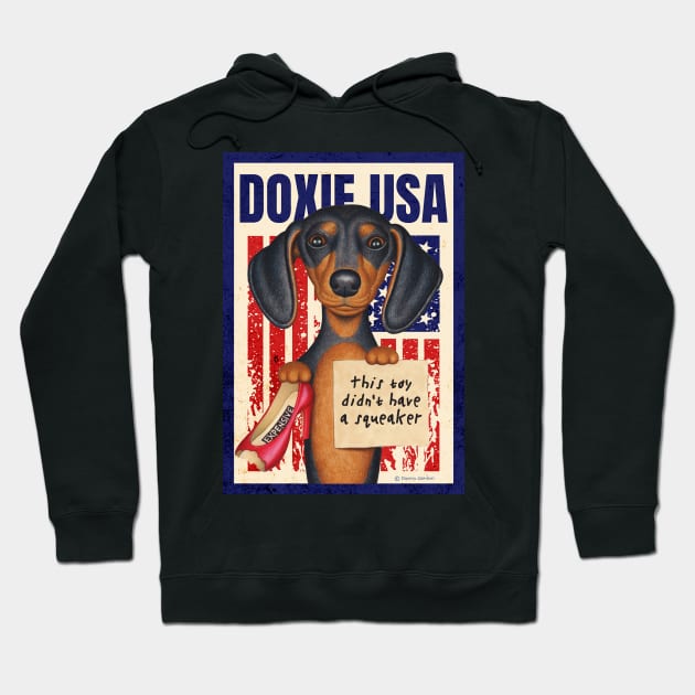 Doxie fun red white and blue patriotic Black Dachshund with Red Shoe USA Hoodie by Danny Gordon Art